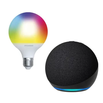 Combo Echo Dot 5ta Gen Amazon (Negro) + Bombillo Led Sylvania Toledo Globo Smart 9w Rgb (Blanco)